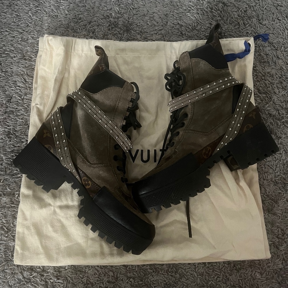 Suede Calfskin Monogram Laureate Platform Desert Boots Khaki